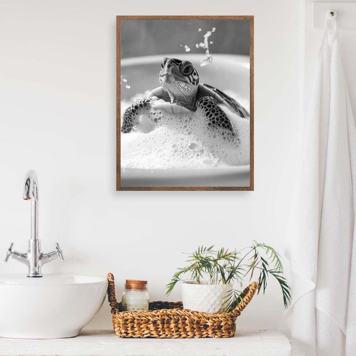 Sea Turtle Enjoying a Bubble Bath With Splashing Water Black White Poster - Image 2