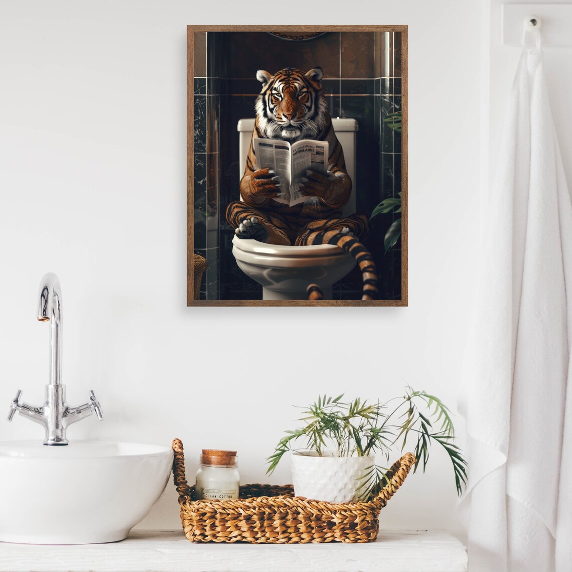 Tiger Reading Newspaper on Toilet Funny Colorful Bathroom Poster - Image 2