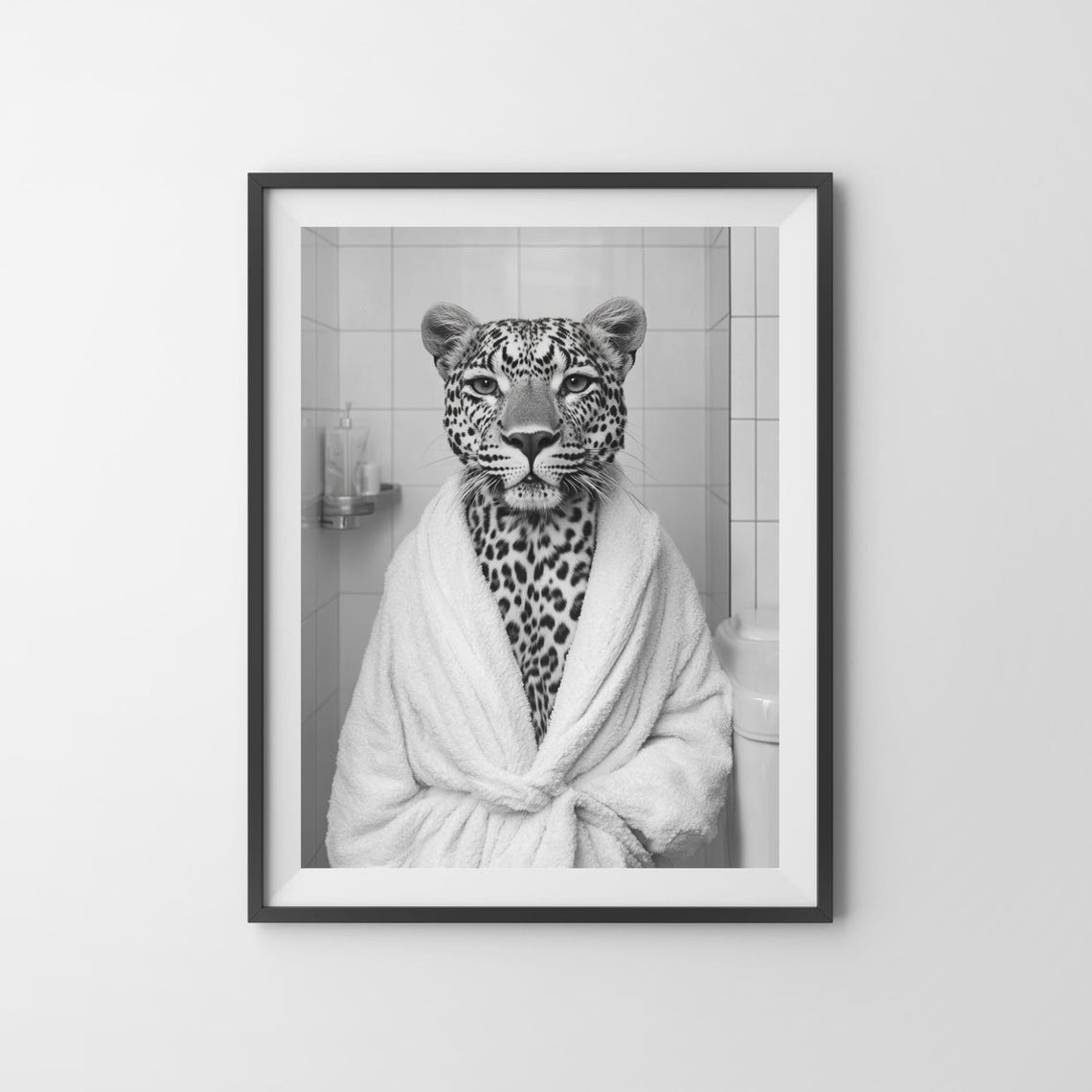 Leopard in White Bathrobe Black and White Funny Bathroom Poster - Image 3