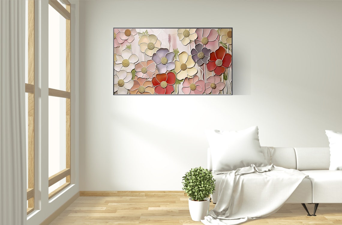 Colorful Stylized Flower Painting Print with Golden Petal Centers - Image 3