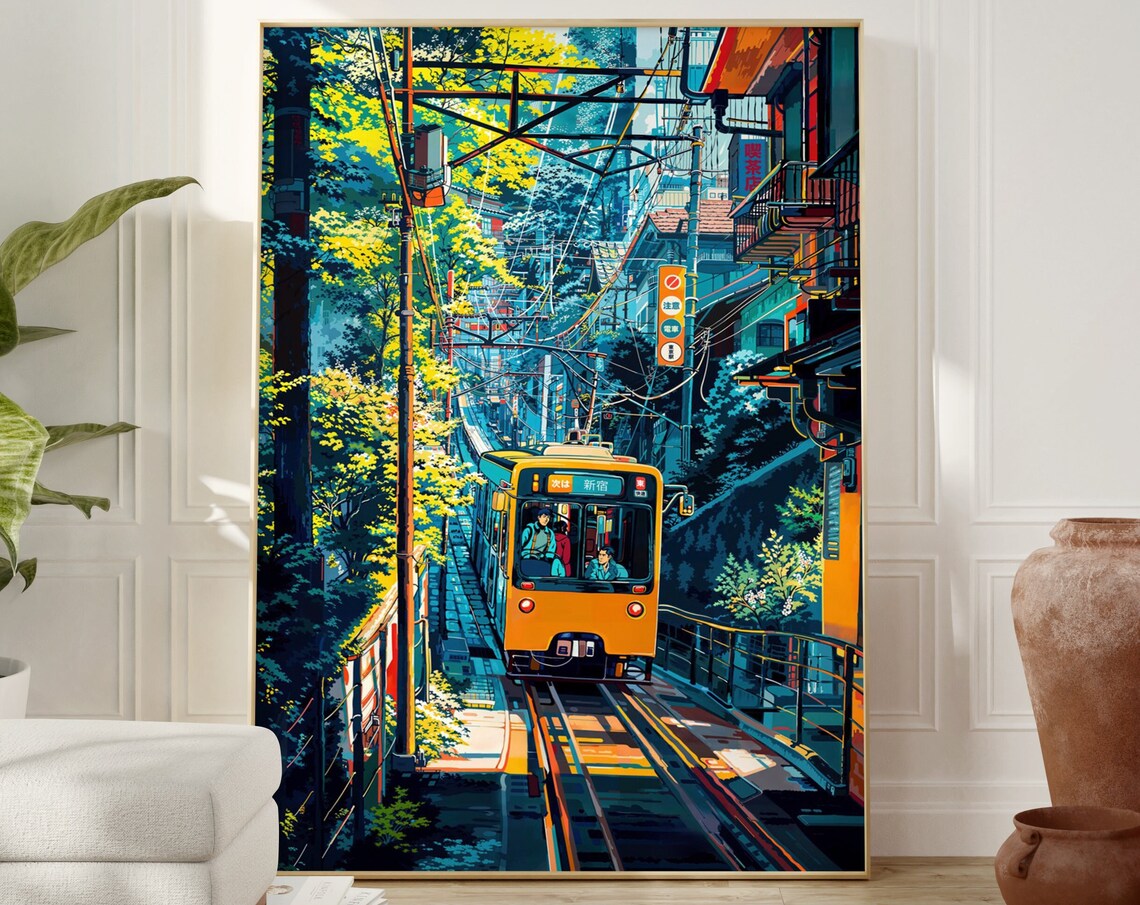 Anime Orange Train Heading to Shinjuku Through Green Hillside Town Poster - Image 2