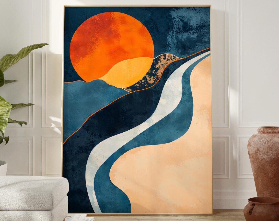 Abstract Sunset Waves Ocean Poster Navy Blue and Burnt Orange Art - Image 2