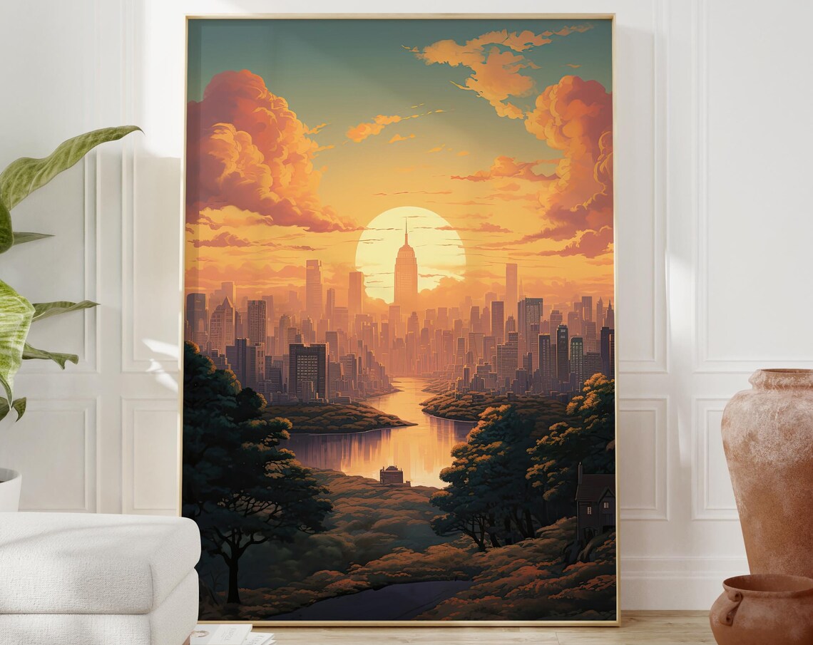 New York Skyline Anime Sunset Poster with Empire State Building Art - Image 2