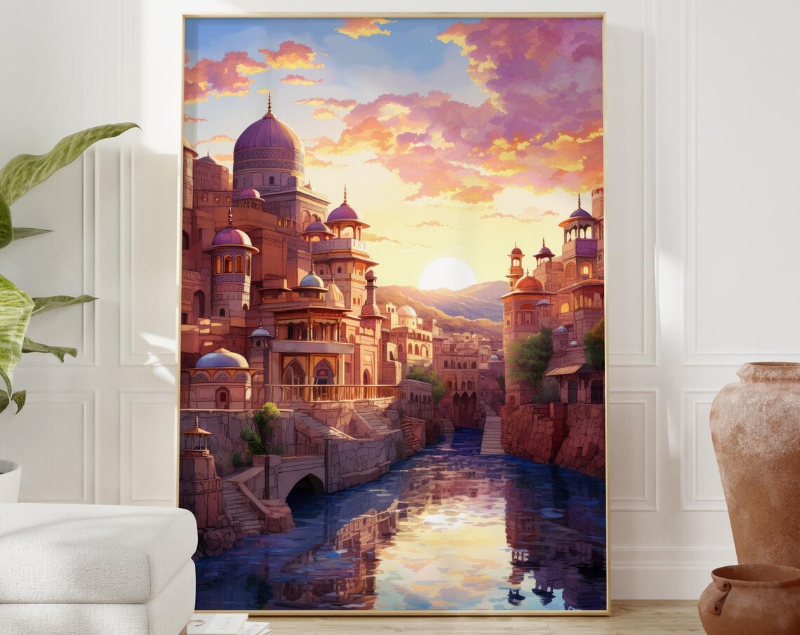 Indian Style Domed Palace City at Sunset Over a Calm River Poster - Image 2