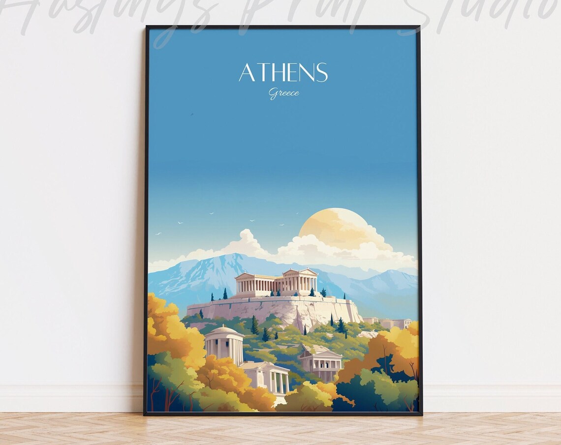 Athens Greece Travel Poster Modern Vintage Acropolis Sunset Art