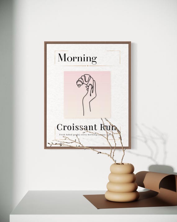 Croissant Morning Run Wall Art Elegant Parisian Morning Wall Art Minimalist Croissant Line Art Minimalist Food Art Print Pink Cafe