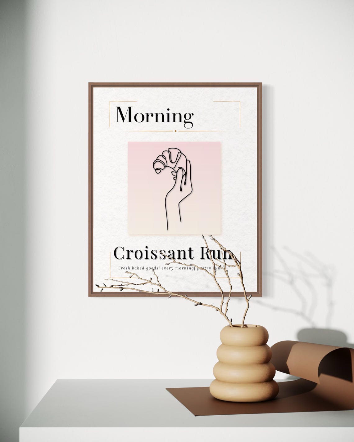 Croissant Morning Run Wall Art Elegant Parisian Morning Wall Art Minimalist Croissant Line Art Minimalist Food Art Print Pink Cafe