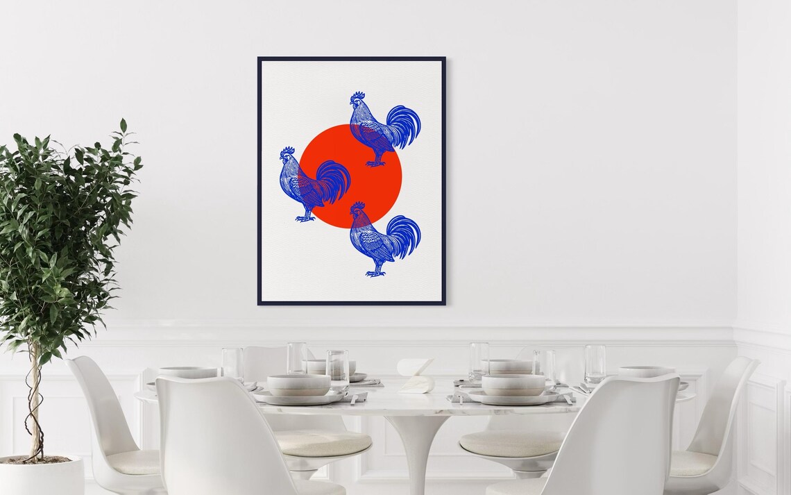 Three Blue Roosters Around Red Sun Japanese Style Animal Poster - Image 6