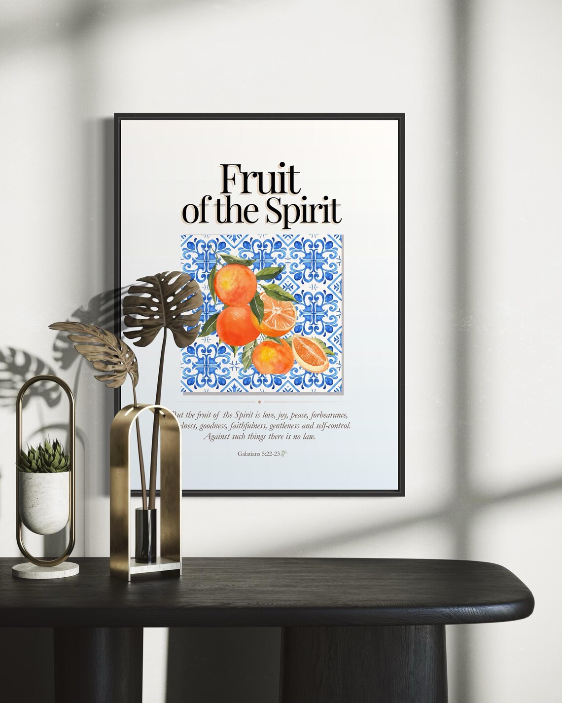 Fruit of the Spirit Citrus and Blue Tile Bible Verse Poster on White