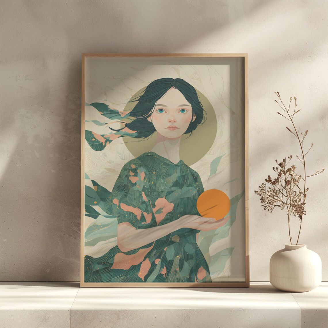 La Poire Woman Portrait Green Dress Orange Sun Illustration Print