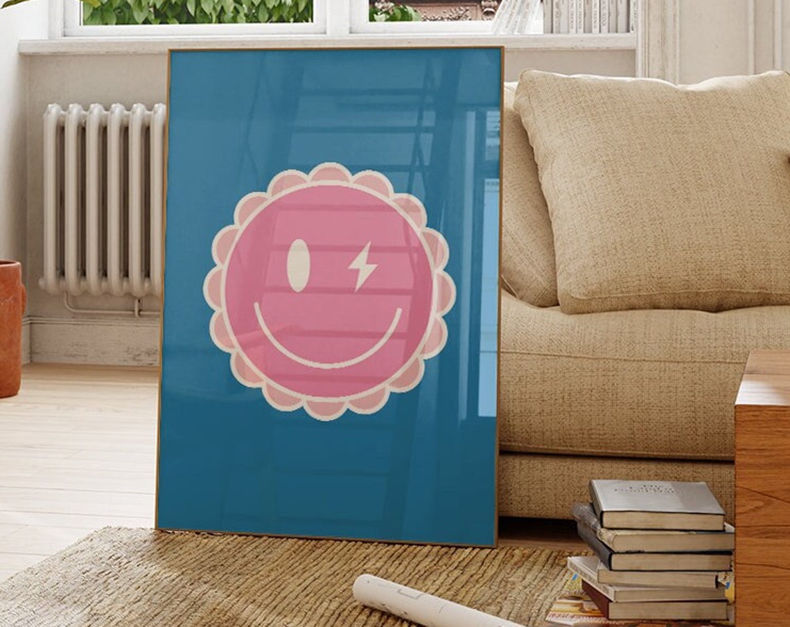 Pink Winking Smiley Face On Bold Blue Groovy Preppy Room Wall Art
