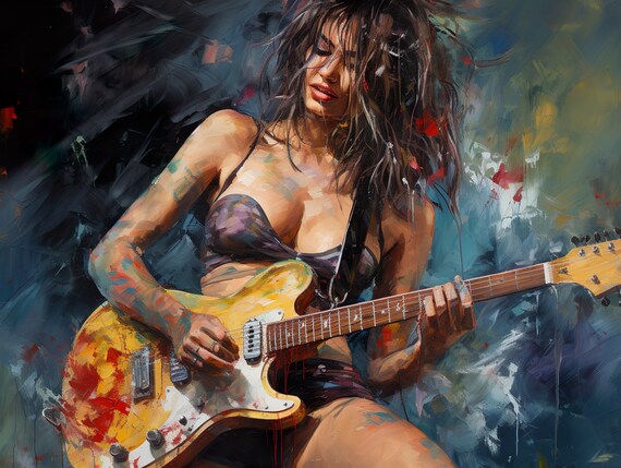 Woman Playing Electric Guitar Colorful Abstract Rock Music Poster