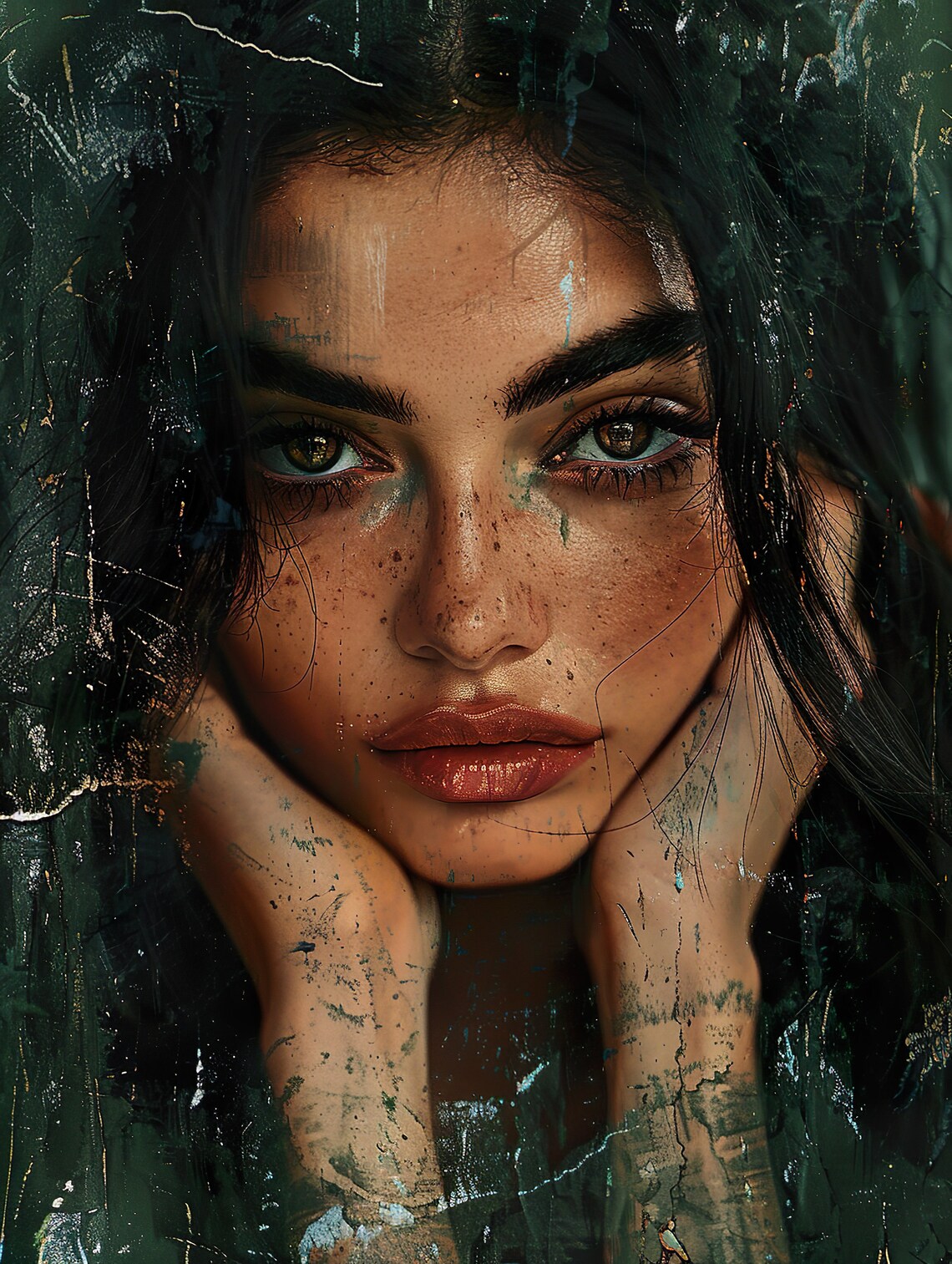Latina Beauty Portrait Grunge Painterly Dark Woman Face Wall Art