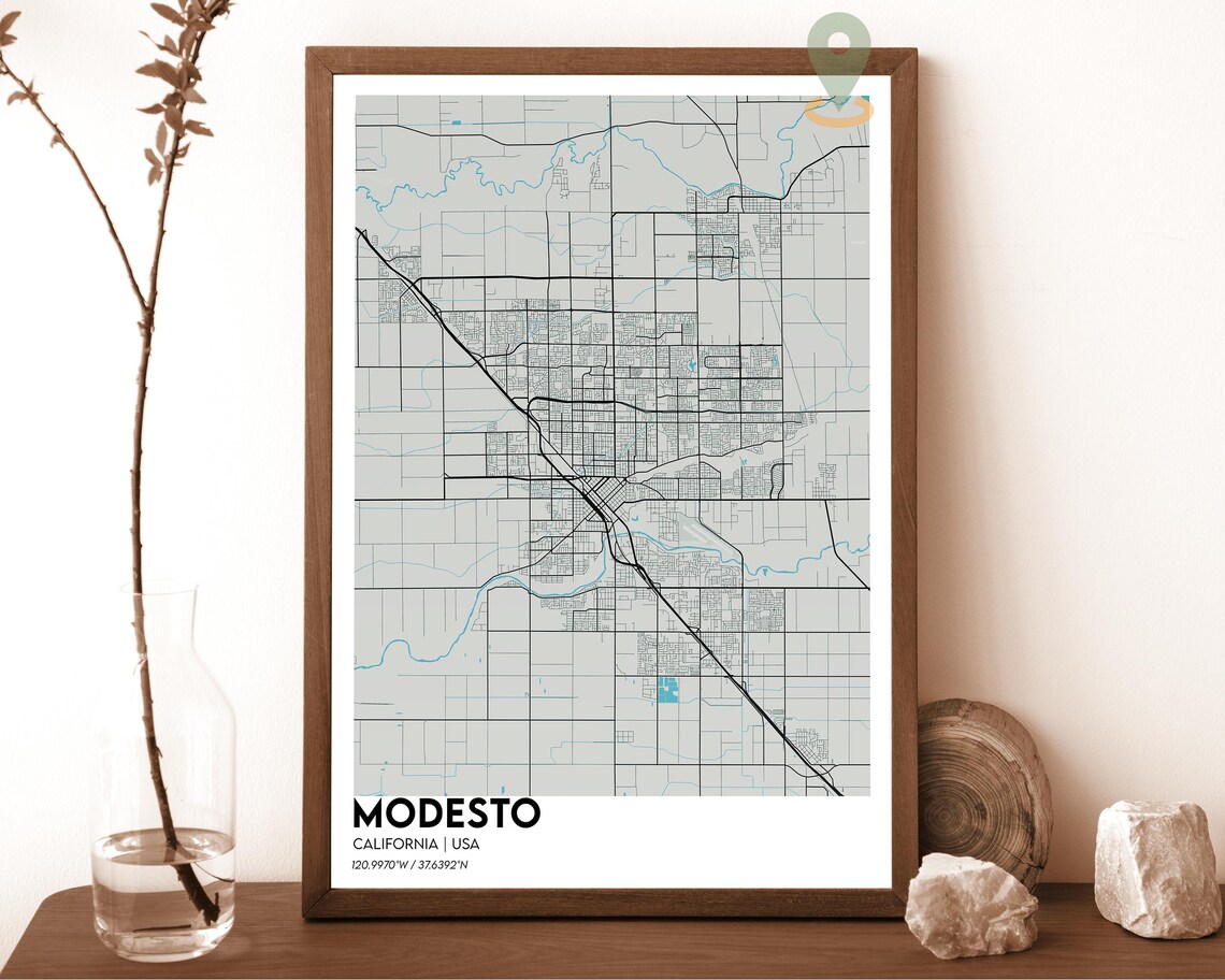 Modesto California midnight blue with teal street lines Street Map Coordinates Poster - Image 2