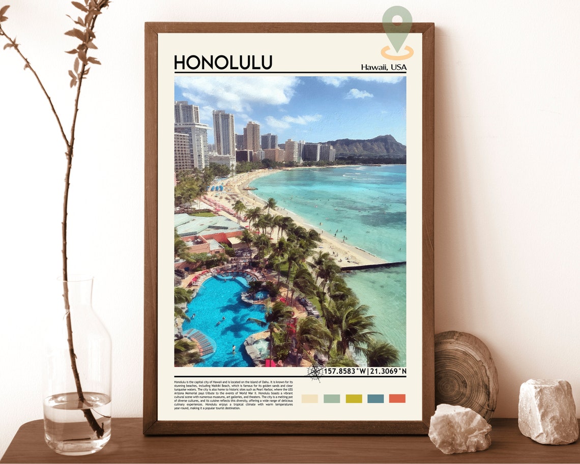 Honolulu Hawaii Waikiki Beach Diamond Head Travel Poster Surf