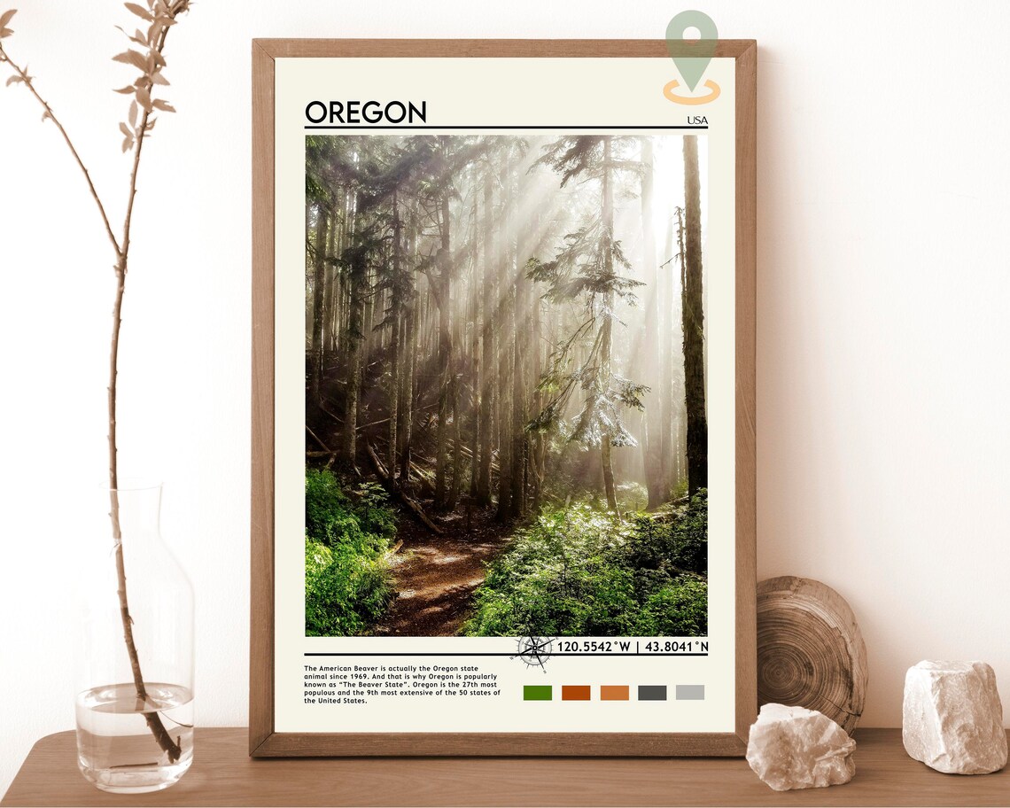 Oregon USA Misty Evergreen Forest Sunbeam Nature Travel Poster