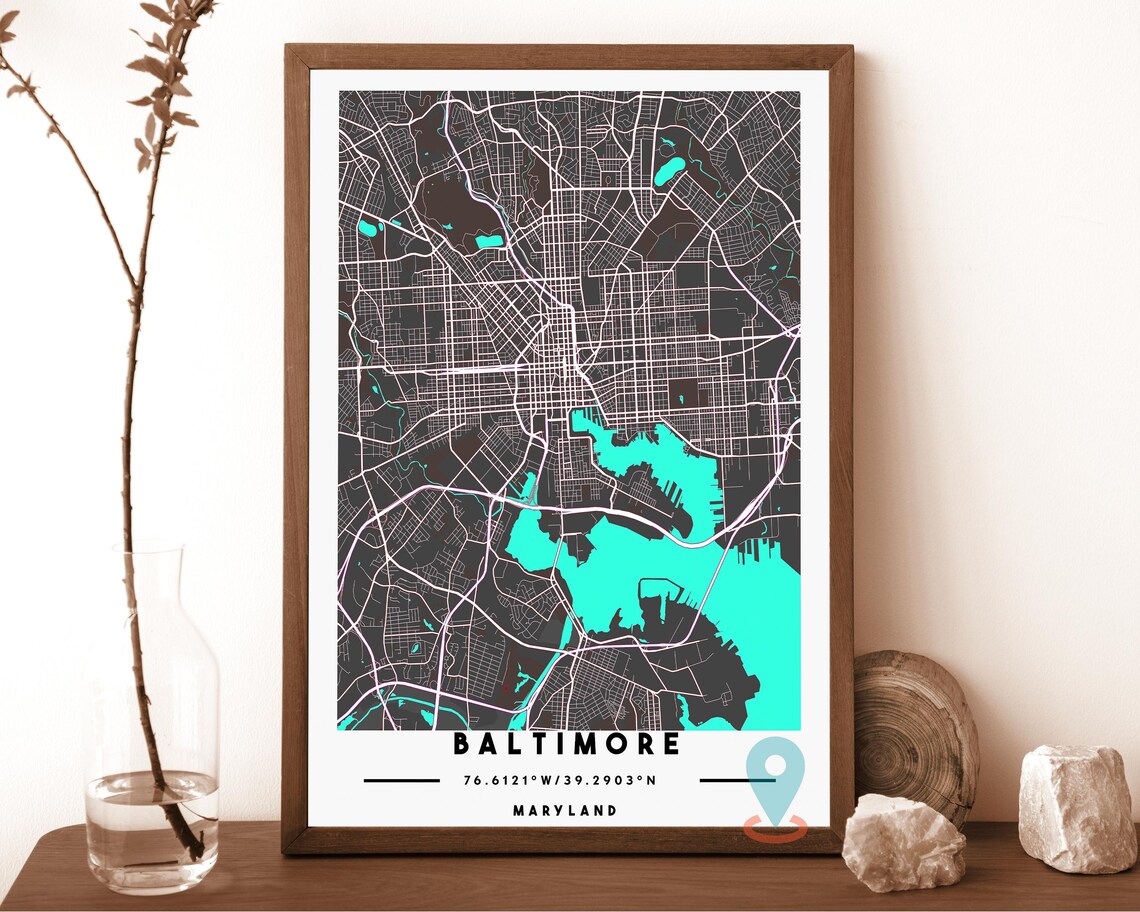Baltimore Maryland teal with an orange harbor Street Map Coordinates Poster - Image 5