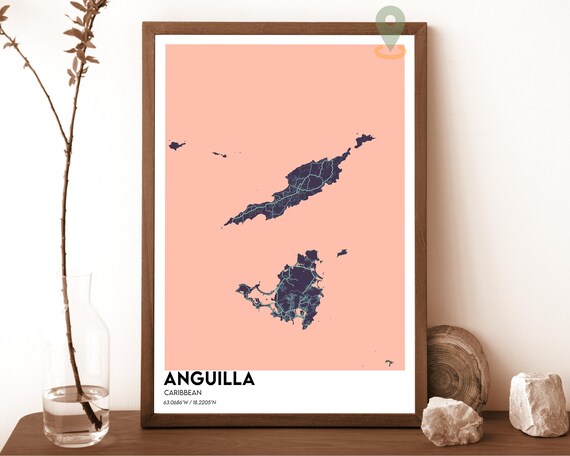 Anguilla Caribbean Islands Peach Navy Island Street Map Wall Art