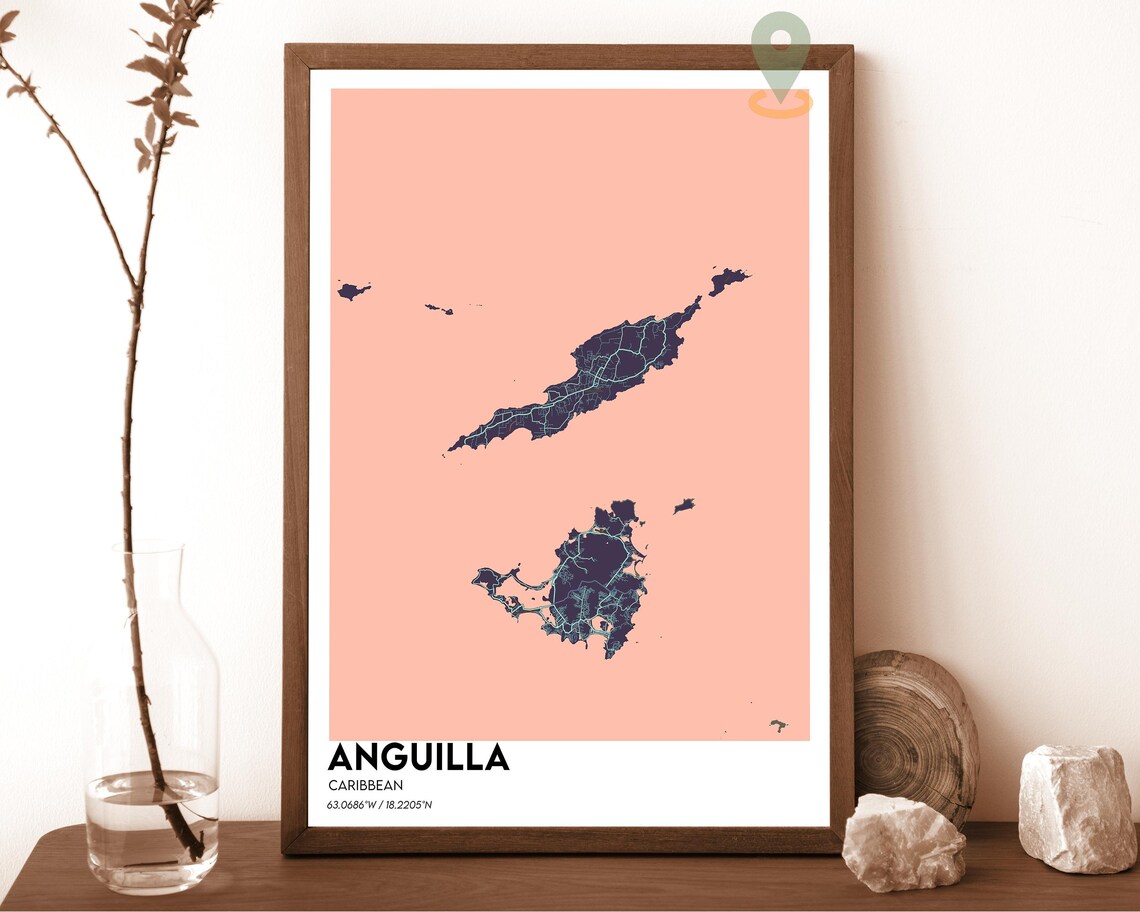Anguilla Caribbean Islands Peach Navy Island Street Map Wall Art