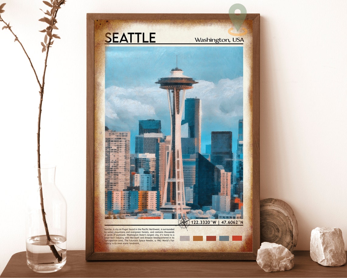 Seattle Washington Space Needle Painted Skyline Travel Poster - Image 6