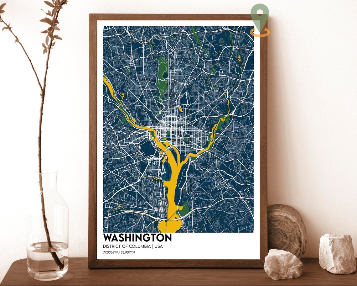 Washington DC Navy Gold Modern Capital City Map Decor Poster
