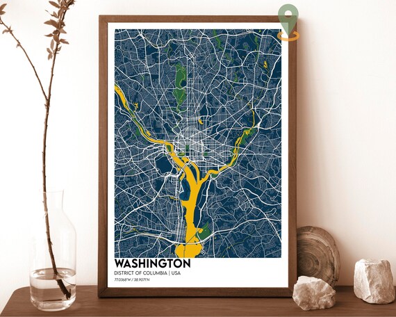 Washington DC Navy Gold Modern Capital City Map Decor Poster