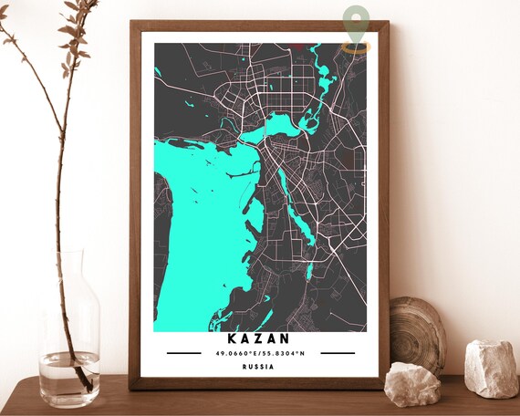 Kazan Russia City Street Map Volga River Teal Poster Decor Art