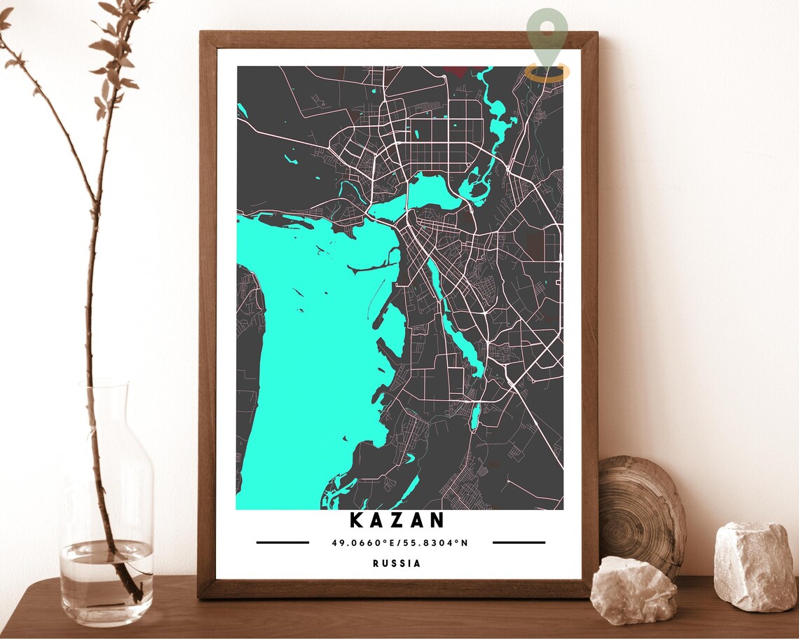 Kazan Russia City Street Map Volga River Teal Poster Decor Art
