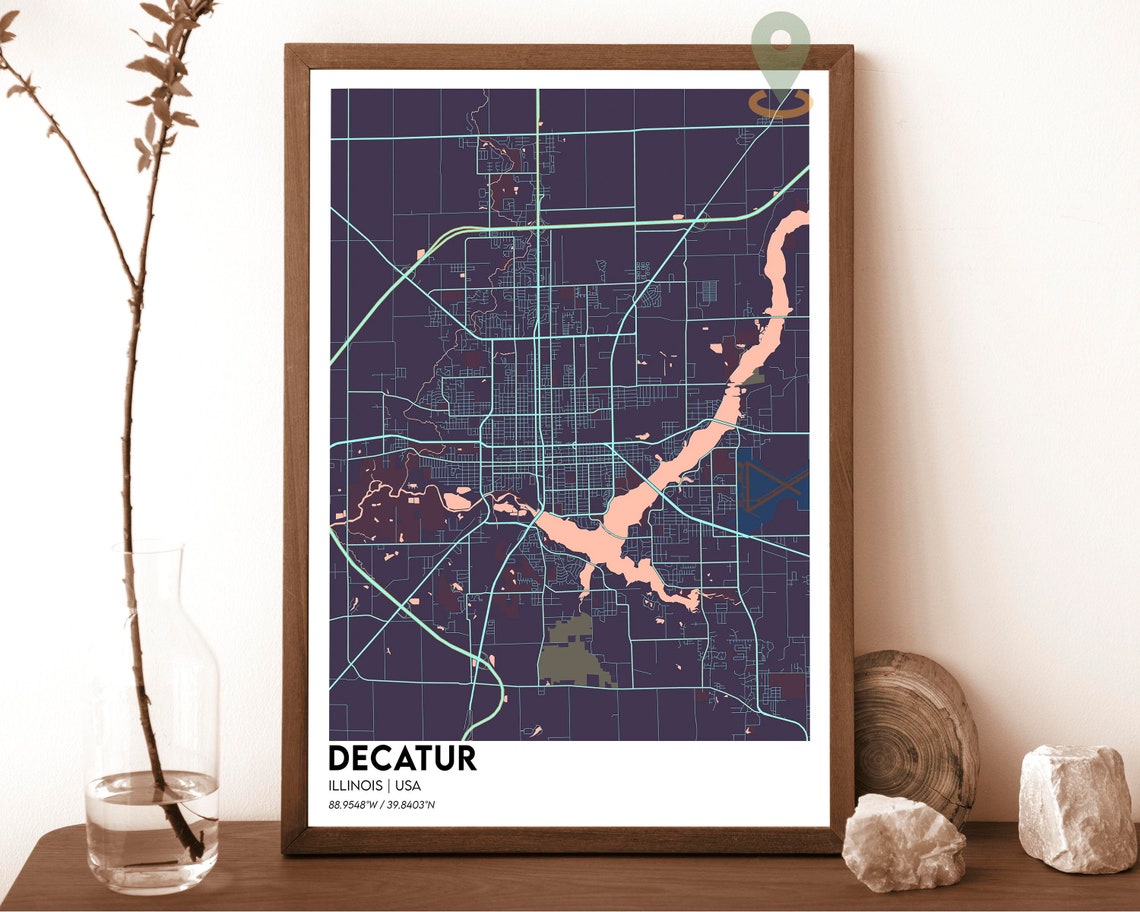 Decatur Illinois Cream Maroon Soft Retro City Map Art Poster - Image 3