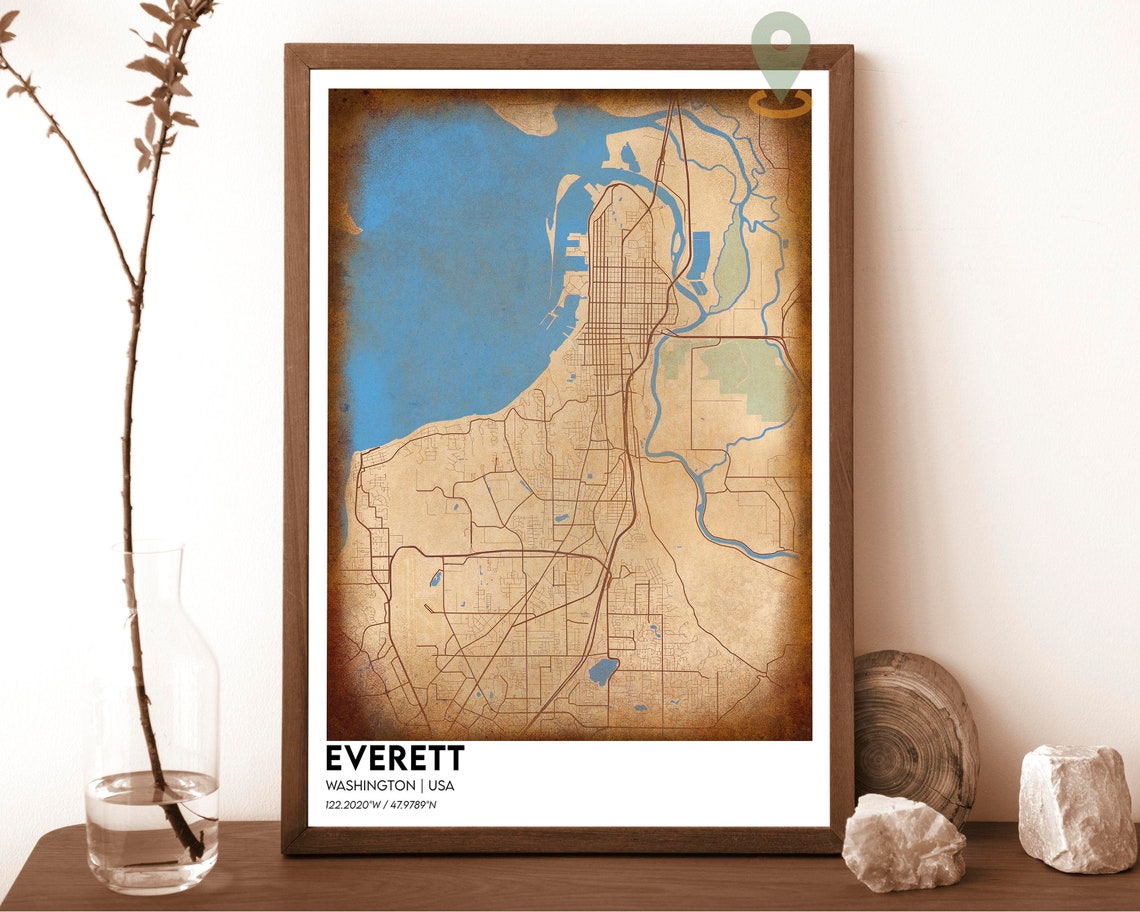 Everett Washington Dark Blue Street Map Bright Ocean City Poster - Image 2