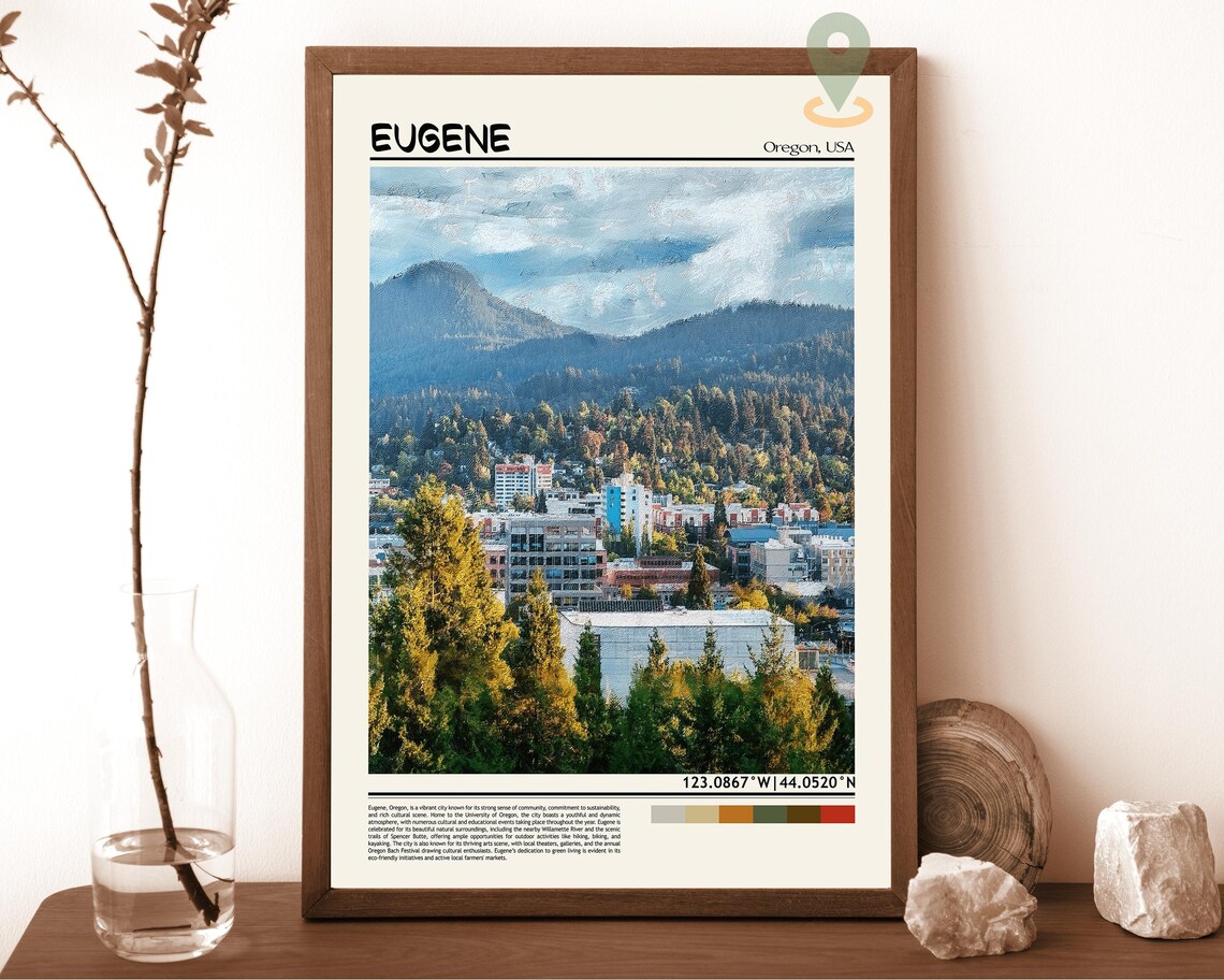 Eugene Oregon Emerald Hills Downtown Cityscape Travel Poster
