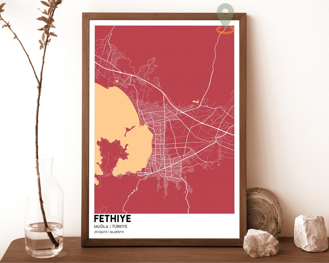 Fethiye Mugla Turkiye Sleek Dark Coast City Map Elegant Street Poster - Image 4