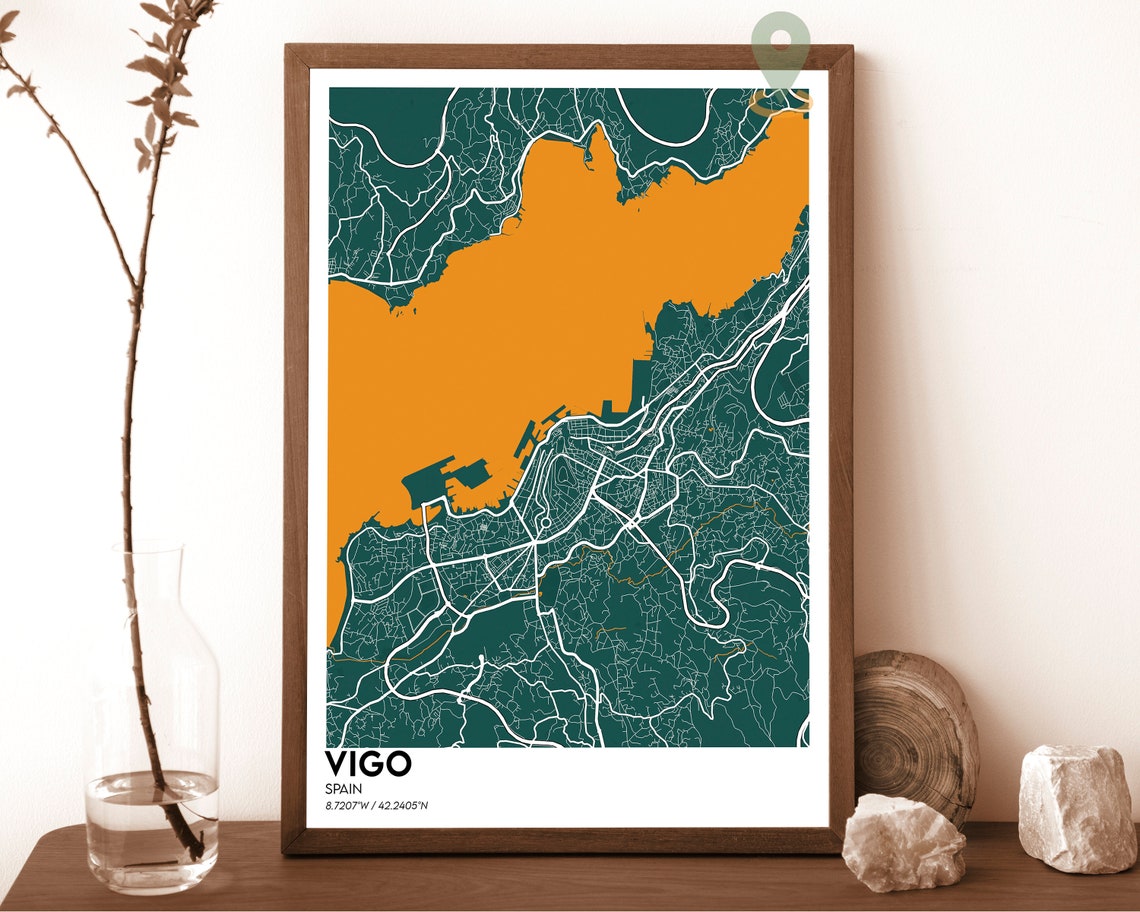 Vigo Spain Bold Teal Orange Modern Coastal City Map Art Poster