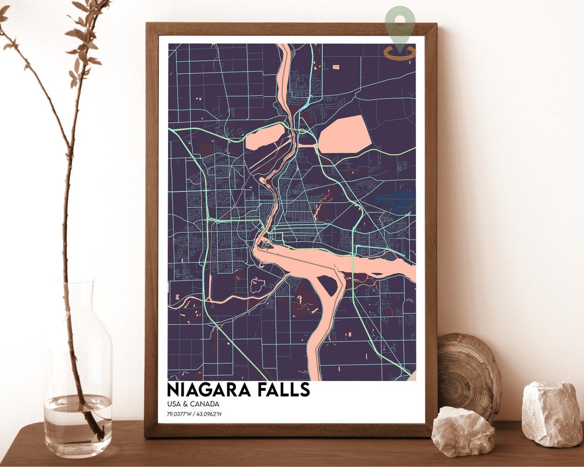 Niagara Falls USA Canada Border River Cream Pink Art Map Poster - Image 3
