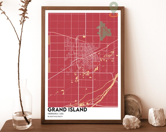 Grand Island Nebraska Crimson Red City Map Home Decor Poster