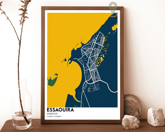 Essaouira Morocco Navy Gold Coastal City Street Map Art Poster