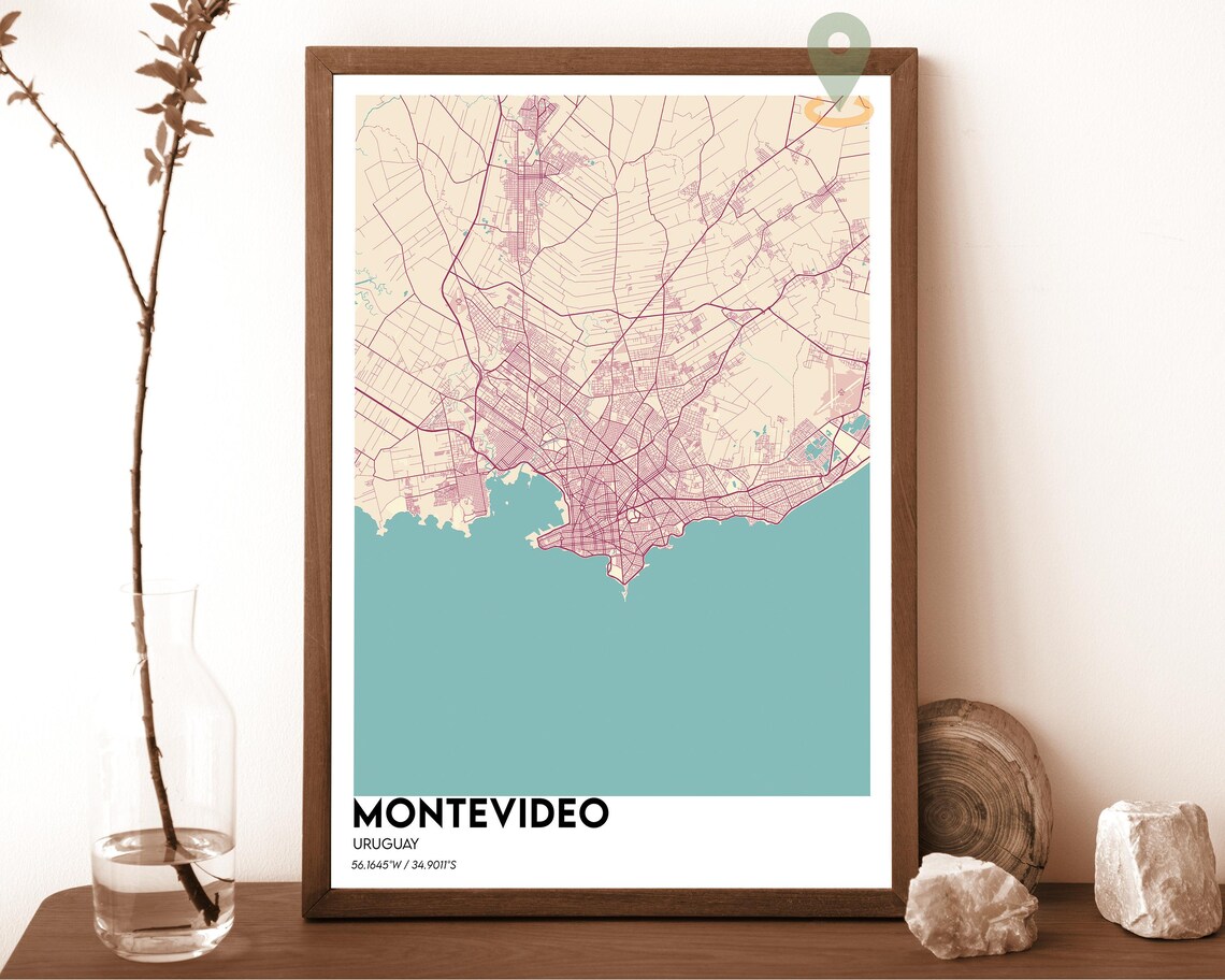 Montevideo Uruguay navy with a gold coastline Street Map Coordinates Poster - Image 6