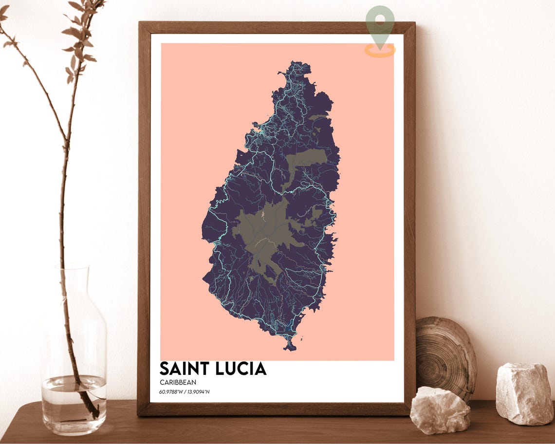 Saint Lucia Caribbean Navy Island Map Poster on Mustard Yellow - Image 4