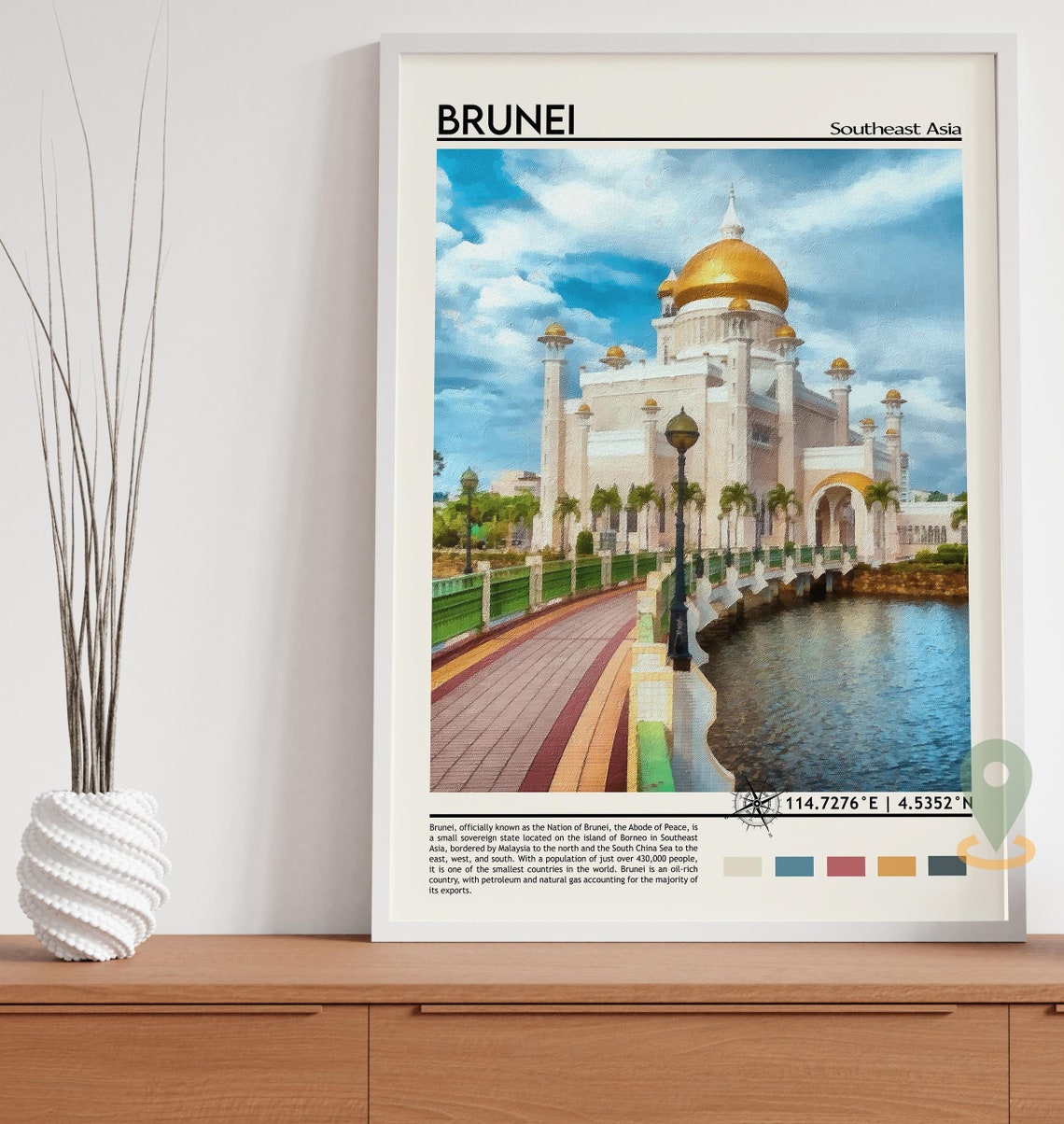Brunei Southeast Asia Golden Dome Mosque Waterfront Painterly Poster - Image 5