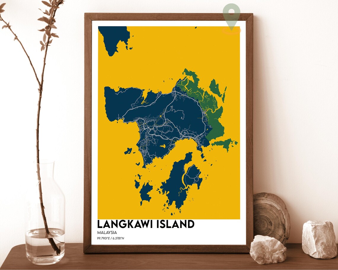 Langkawi Island Malaysia Navy Mustard Bold Island Map Poster