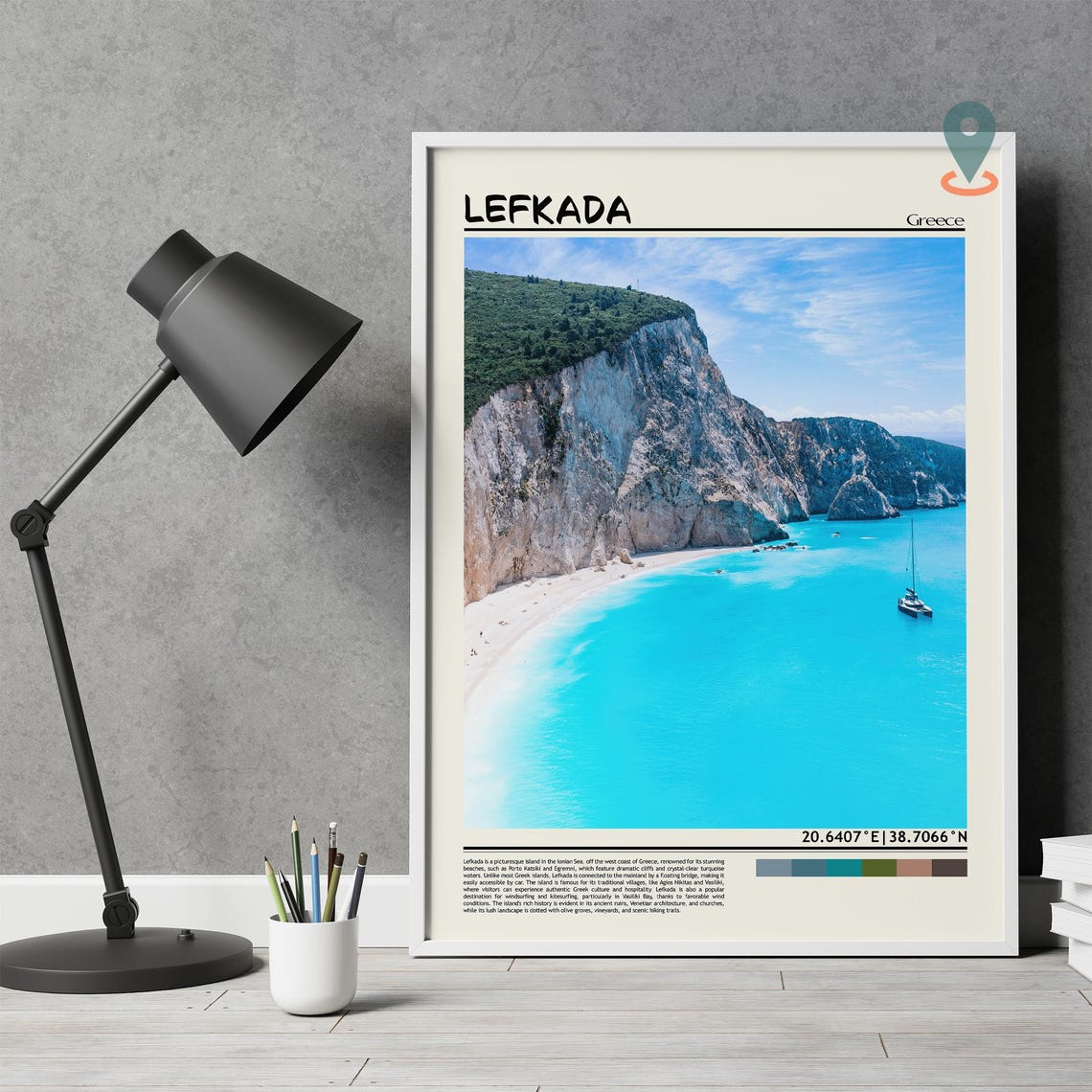 Lefkada Greece Turquoise Cliff Beach Lone Sailboat Seascape Poster - Image 3
