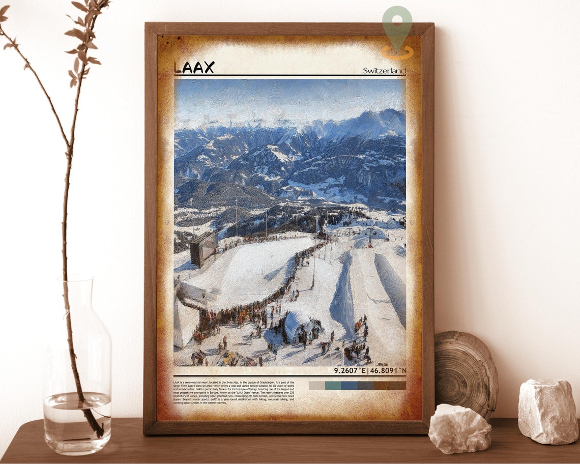 Laax Switzerland Snowy Alpine Panorama Crowded Snowpark Poster - Image 6