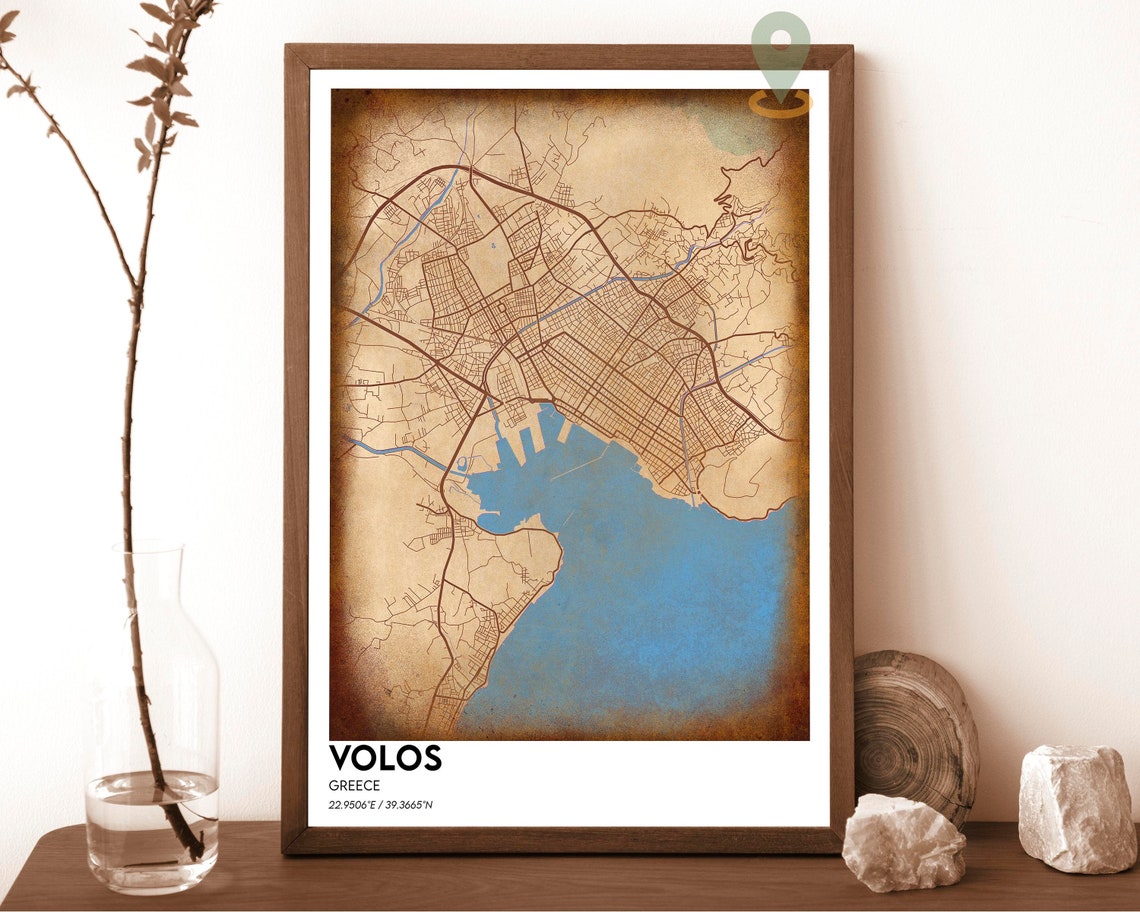 Volos Greece City Map Poster Charcoal Cyan Modern Coastal Artwork - Image 2