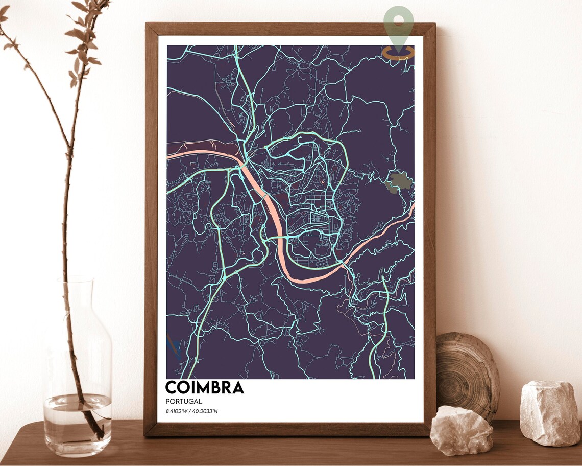 Coimbra Portugal Historic Dark Cyan River City Map Art Poster - Image 4