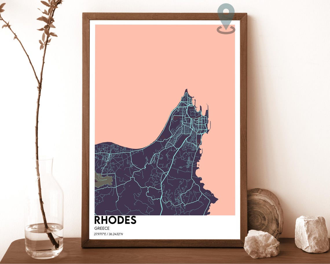 Rhodes Greece Coastal Turquoise Blue City Map Home Decor Poster - Image 3