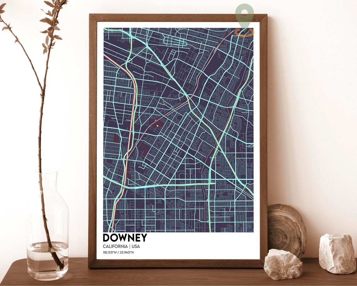 Downey California USA Night Teal Neon City Map Street Grid Poster