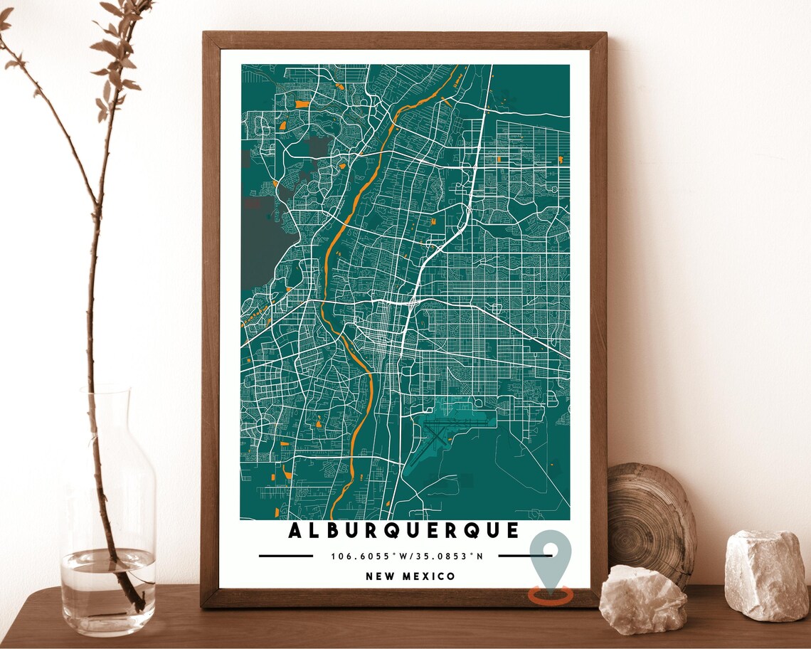 Albuquerque New Mexico navy with a gold river Street Map Coordinates Poster - Image 5