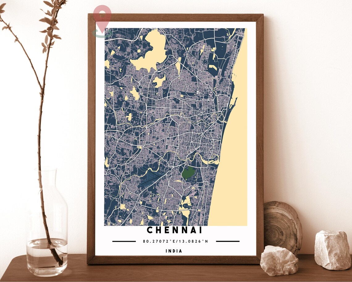 Chennai India City Map Navy Coastal Eastern Shore Street Grid Poster