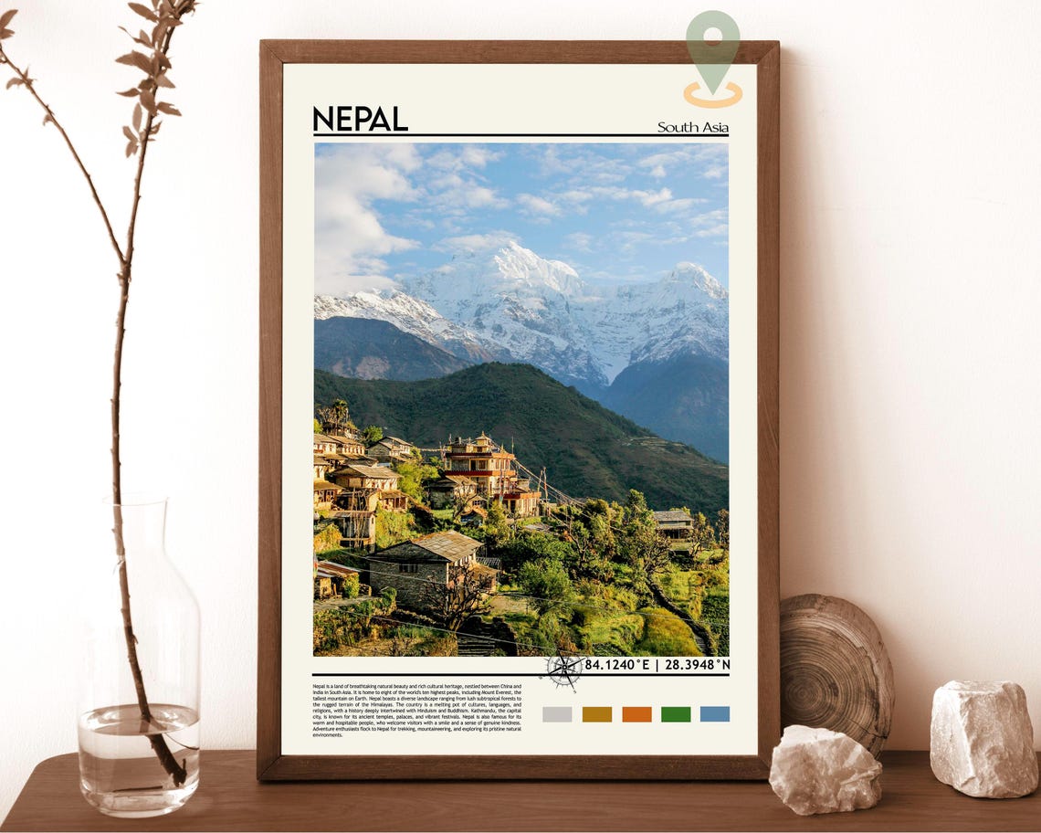 Nepal South Asia Snowy Himalayan Peak Terraced Village View Poster