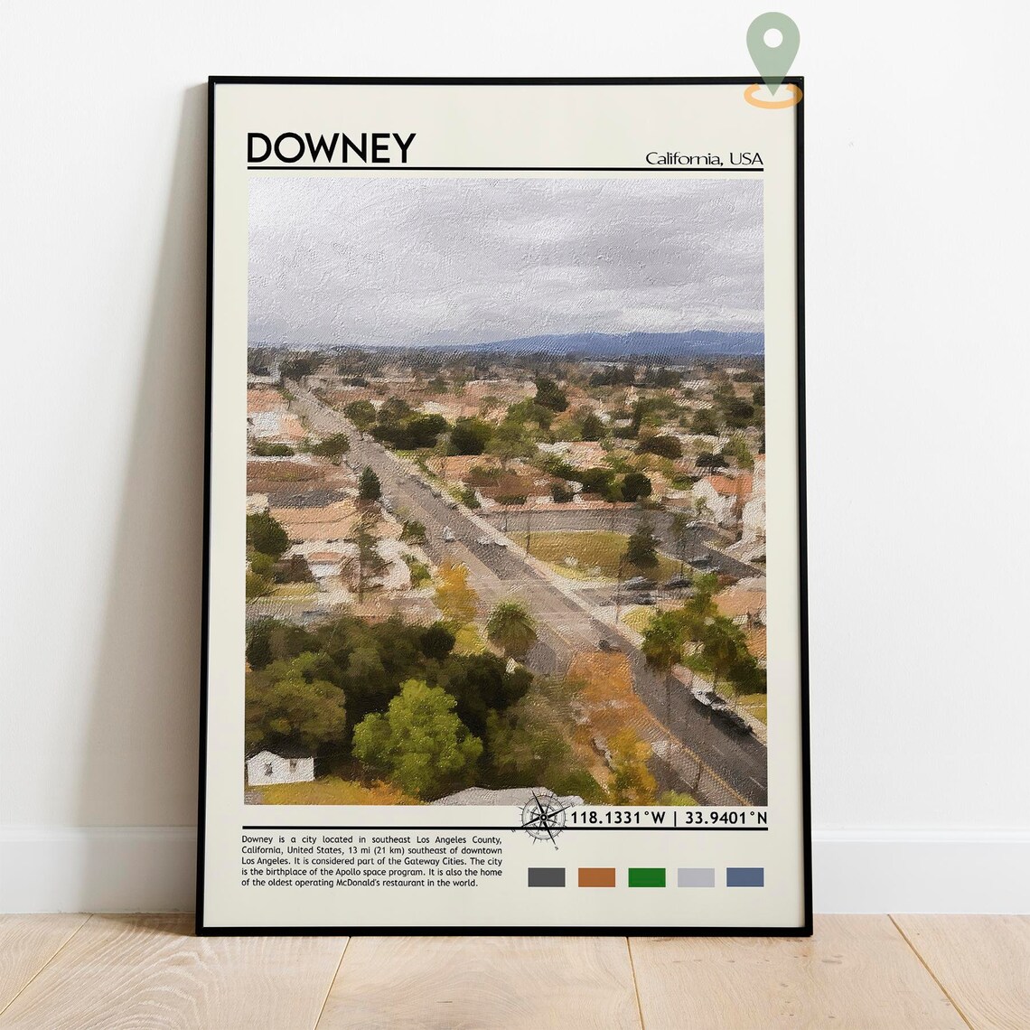 Downey California Aerial City View Watercolor Suburban Poster - Image 5